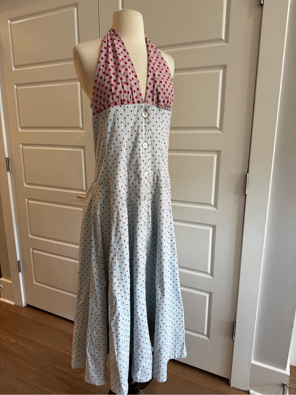 Free People Pale Blue and Red Polka Dot Maxi Halter Dress